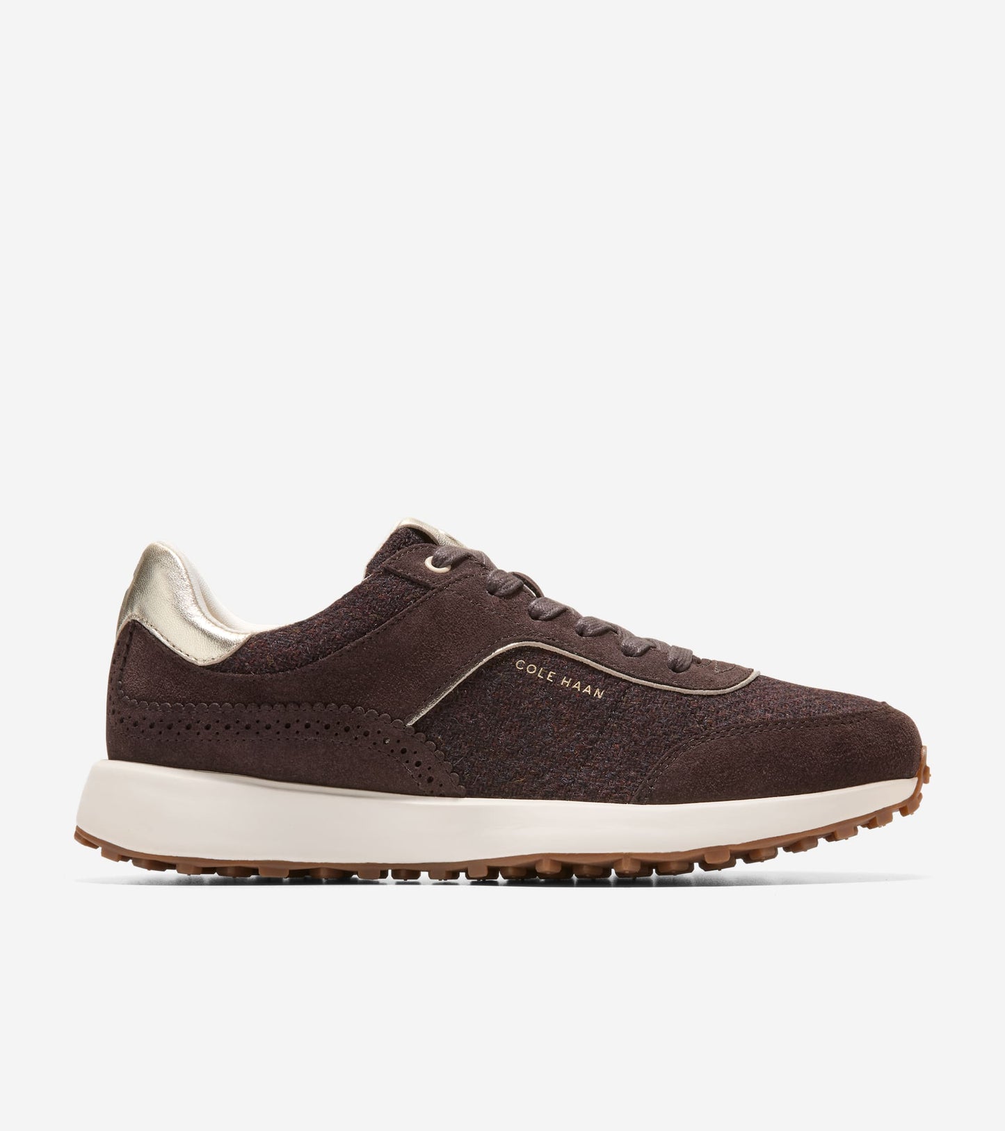 W34884:CH DK CHOCOLATE SUEDE/WOOL/SOFT GOLD/WHITE